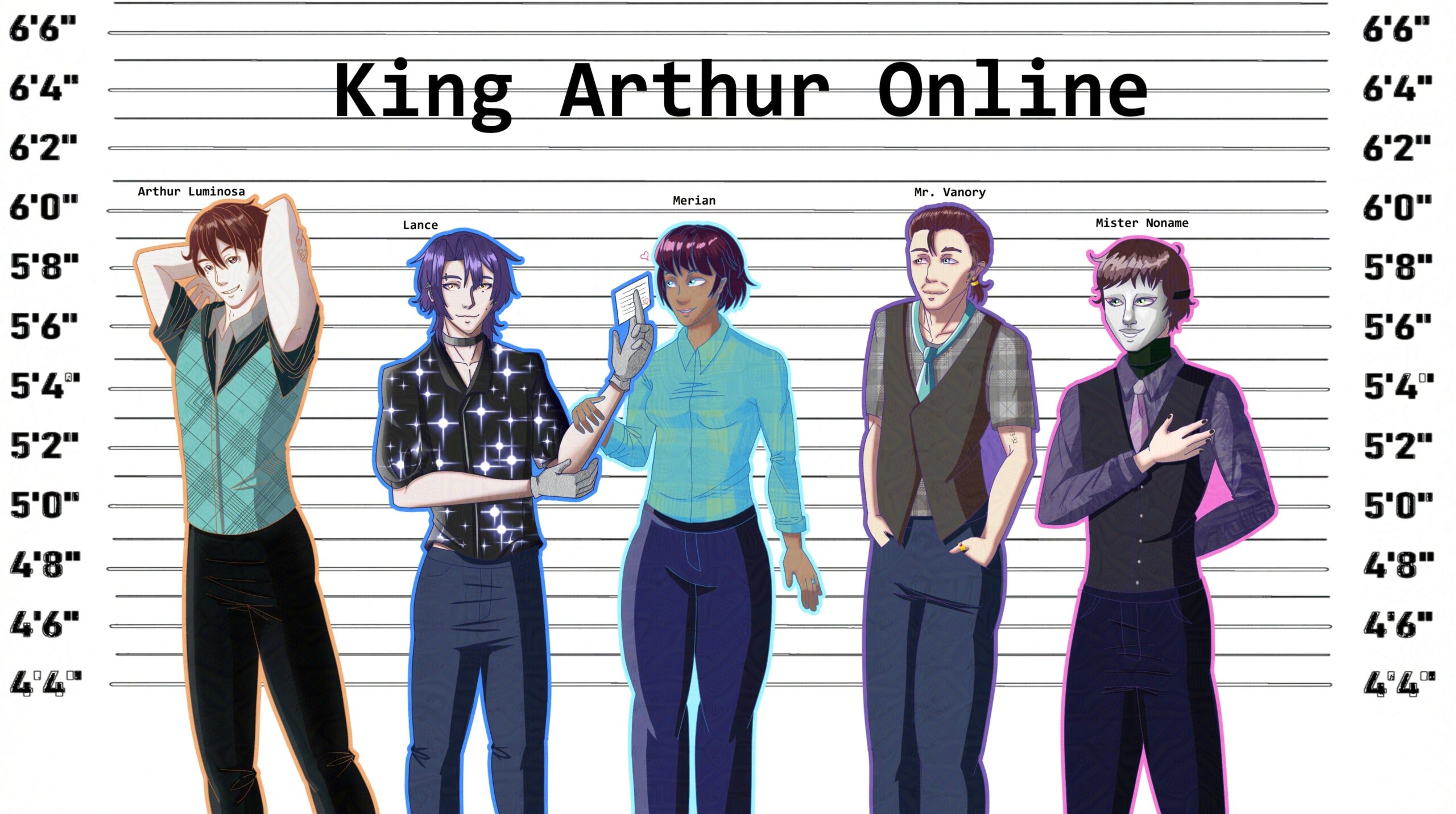 A lineup of characters from King Arthur Online by W, V Oliver